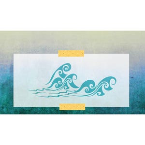 May include: A stencil of a blue stylized wave design. The stencil is on a white background.