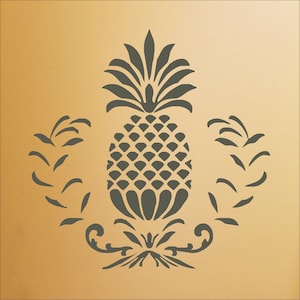 May include: A black and white silhouette of a pineapple with leaves on either side. The pineapple is stylized with a detailed design and a decorative base.