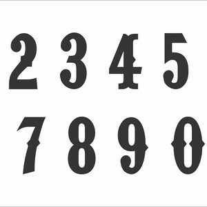 May include: Black and white image of the numbers 1 through 0 in a bold, decorative font.
