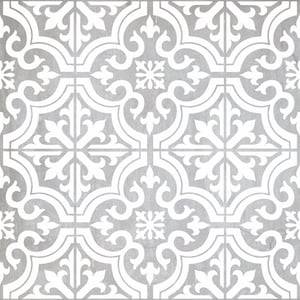 May include: A seamless pattern of white tile with a gray background. The tile features a repeating geometric design with intricate details.