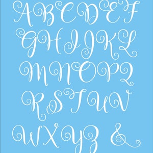 May include: A white alphabet with a decorative flourish on each letter, set against a light blue background.