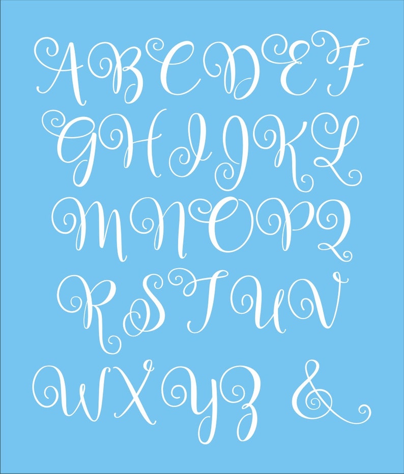 May include: A white alphabet with a decorative flourish on each letter, set against a light blue background.