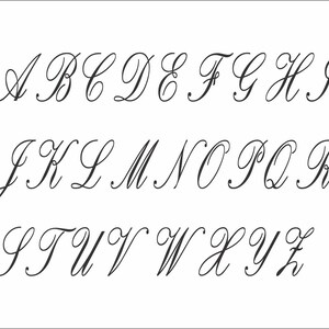 May include: A black and white image of the English alphabet in cursive script. The letters are written in a flowing, elegant style.