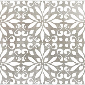 May include: A seamless pattern with a white floral design on a gray background. The pattern is made up of repeating floral motifs with a vintage feel.