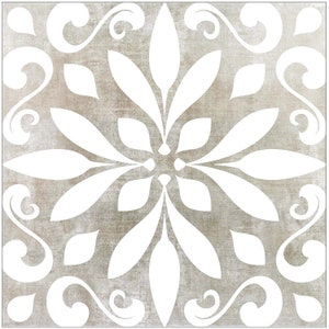 May include: A white floral design on a gray background. The design is symmetrical and features a central flower with four petals and four leaves on each side.