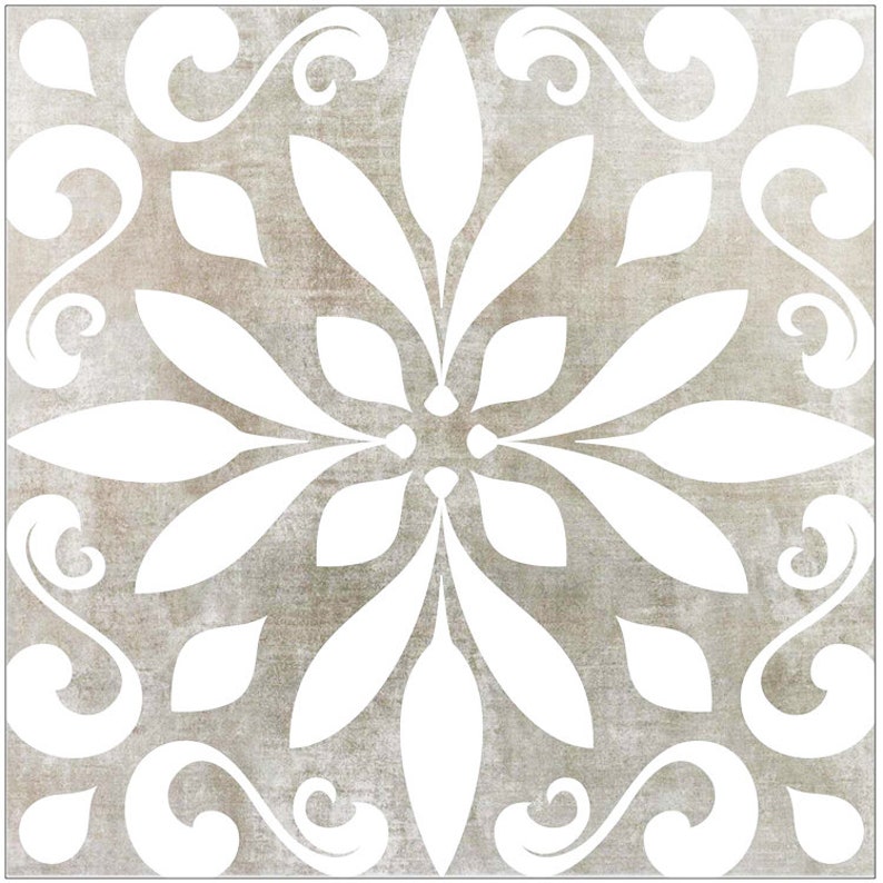 May include: A white floral design on a gray background. The design is symmetrical and features a central flower with four petals and four leaves on each side.