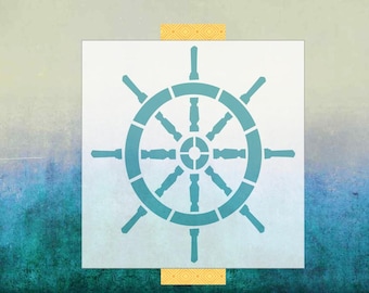 May include: A blue nautical wheel stencil for crafting and decorating projects. The stencil is made of durable plastic and can be used with paint, chalk, or other mediums.