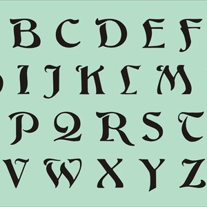 May include: Black and white alphabet in a stylized font. The letters are in uppercase and are arranged in alphabetical order.
