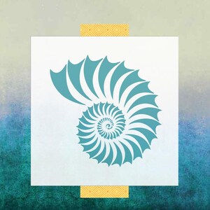 May include: A teal blue seashell stencil with a spiral design. The stencil is on a white background.