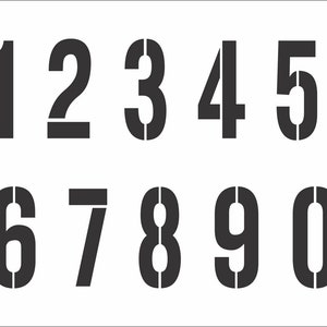 May include: A set of ten black stencil numbers, 1 through 10, on a white background. The numbers are designed for use with paint or other mediums to create large, bold lettering.