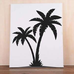 May include: Black silhouette of two palm trees on a white background. The trees are stylized and have a simple design.