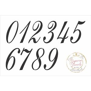 May include: A stencil sheet with the numbers 0 through 9 in a cursive font. The stencil is designed for use with paint or other mediums to create a decorative effect.