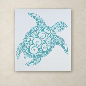 May include: A teal blue stylized sea turtle with a swirling pattern on its shell. The turtle is swimming to the right.