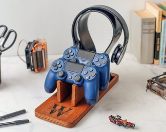 Wood Headphone Stand, Headphone and Gamepad Holder, Valentines Day Boyfriend Gift, Desk Earphone Mount Rack for Gaming, Home Office