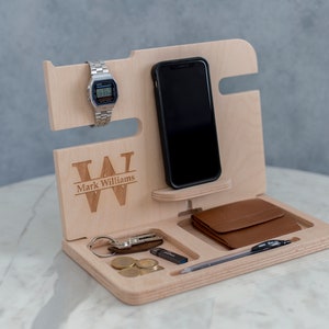 Mens Wood Valet Box, Mens Valet Stand, Mens Wood Valet Tray, Charging Dock, personalized, Docking Station, gifts for men, gift for boyfriend Natural (Raw)