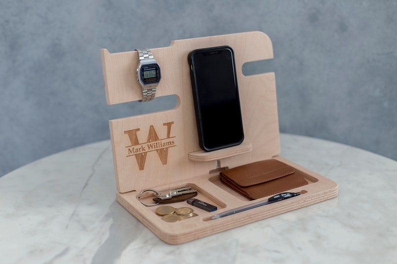 Mens Wood Valet Box, Mens Valet Stand, Mens Wood Valet Tray, Charging Dock, personalized, Docking Station, gifts for men, gift for boyfriend Natural (Raw)