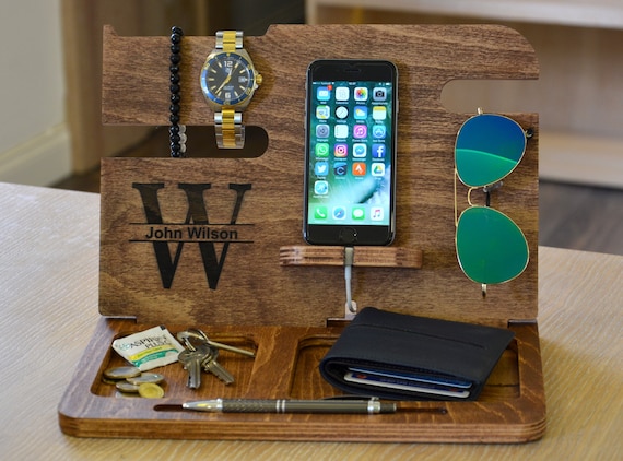 Wooden Docking Station, Anniversary Gifts for Men, Gifts for Him,  Personalized Mens Gift, Mens Anniversary Gift, Boyfriend Gift, Wood Valet 