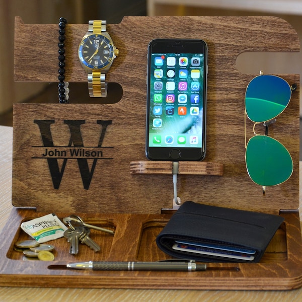 Wooden Docking Station, Anniversary Gifts for Men, Gifts for him, Personalized Mens Gift, Mens Anniversary Gift, Boyfriend Gift, Wood Valet