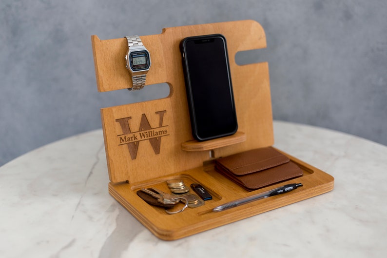 Wooden Docking Station, Anniversary Gifts for Men, Gifts for him, Personalized Mens Gift, Mens Anniversary Gift, Boyfriend Gift, Wood Valet Teak