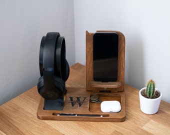 Personalized Wood Desk Organizer For Women, Custom Headphone Stand, Custom Phone Stand, Wood Phone Holder, Valentines Day Gift For Men