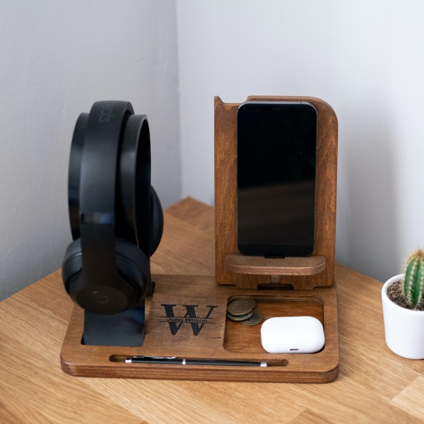 Organiseur de bureau personnalisé en bois pour femme, Support pour casque d'écoute personnalisé, Support de téléphone personnalisé, Support de téléphone en bois, Cadeau de Saint-Valentin pour homme