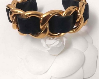 Vintage Chanel bracelet, gold plated and black lambskin