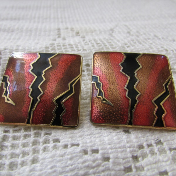 Stunning vintage cloisonne  guilloche enamel pierced earrings abstract lightning bolts free shipping USA