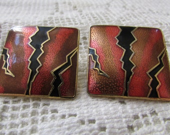 Stunning vintage cloisonne  guilloche enamel pierced earrings abstract lightning bolts free shipping USA