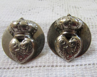 New Price Vintage VERY RARE Natacha Brooks sterling heart and crown screw on earrings Wedding bridal Valentine free shipping USA