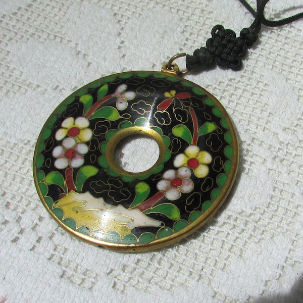 Vintage older genuine cloisonne enamel pi shaped flowered donut necklace with simple cord and Chinese knot FREE SHIPPING USA only