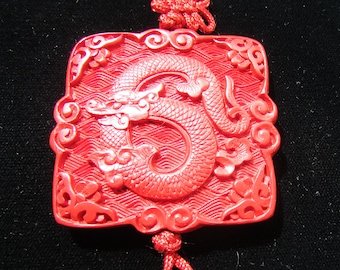 Vintage carved Chinese cinnabar lacquer pendant necklace with dragon and Chinese character NOS free shipping USA