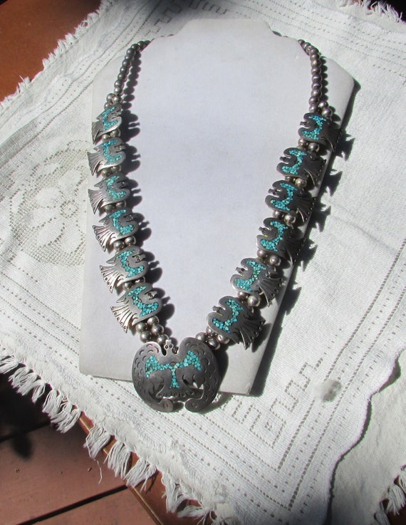 Vintage unisex silver squash blossom turquoise chi