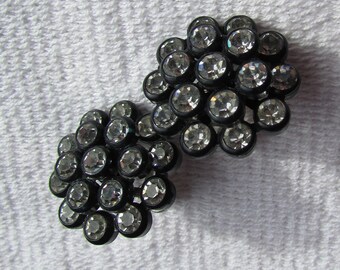 Vintage black plastic and clear rhinestone screw back cluster earrings Goth wedding bridal prom free shipping USA