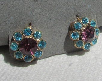 Vintage blue and purple rhinestone  clusters buttons/ domes screw back earrings free shipping USA