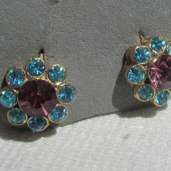 Vintage blue and purple rhinestone  clusters buttons/ domes screw back earrings free shipping USA