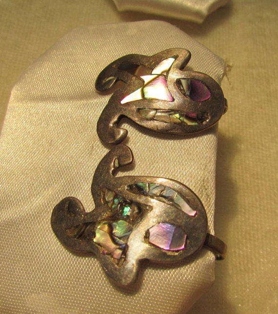 Vintage abalone silver alpaca Mexico earrings scr… - image 2