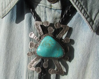 Vintage Native American Navajo style carved turquoise silver old pawn spider monster bolo tie rodeo cowboy southwestern free shipping USA