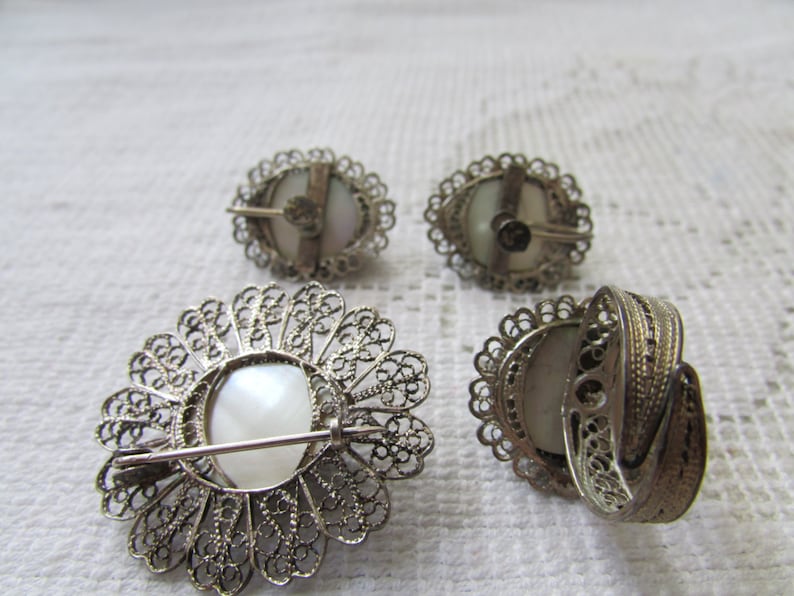 Vintage silver filigree Osmena pearl set parure brooch ring earrings estate find free shipping USA