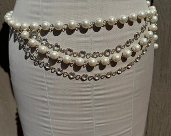 Vintage riem lange kralen enorme faux parel en kristal gedrapeerde riem 43 inch of Gatsby flapper 20's stijl statement ketting met rugketting