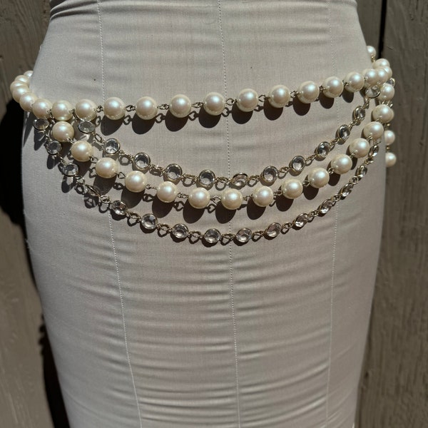 Vintage belt long beaded huge faux pearl and crystal draped belt 43 inches or Gatsby flapper 20's style statement necklace with back chain