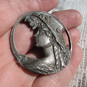Vintage pin pendant early Armand Bargas reproduction silver art nouveau woman lady profile with hat brooch free shipping USA