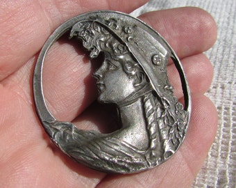 Vintage Pin Anhänger früh Armand Bargas Reproduktion silber Jugendstil Frau Frauen Profil mit Hut Brosche kostenloser Versand USA