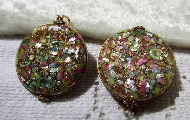 green gold and MOP glitter Lucite confetti rare style clip on earrings button covers Pink