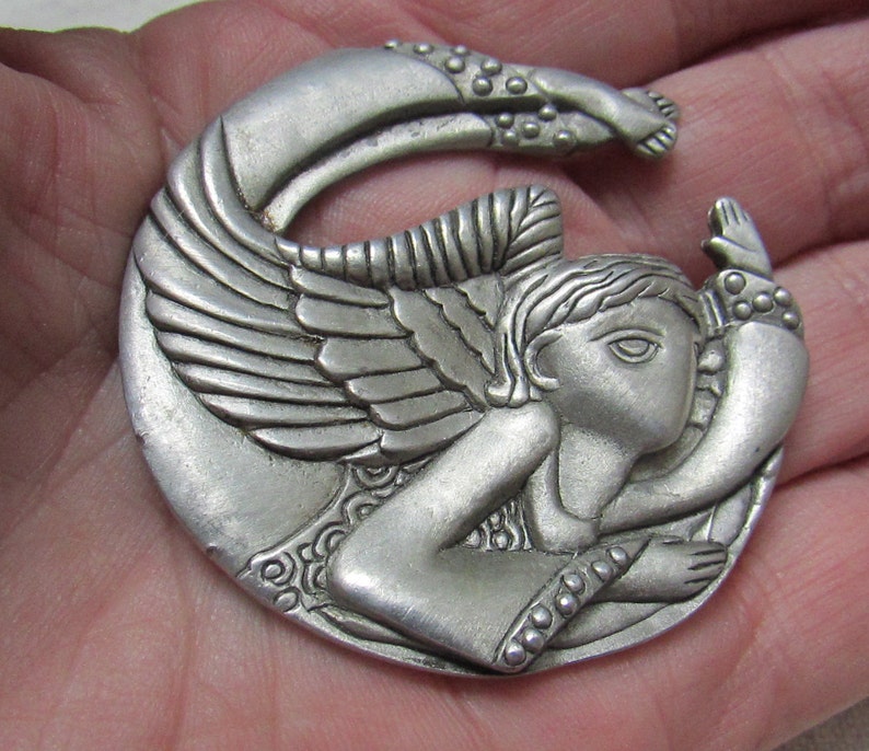 Vintage Hallmark angel holiday Christmas brooch pin antique pewter with coordinating pierced earrings