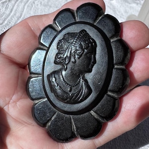 Vintage huge early plastic Bakelite? black cameo brooch mourning pin Victorian oval carved free shipping USA
