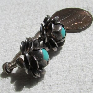 May include: A pair of silver clip-on earrings with turquoise stones set in the center of each flower-shaped design.