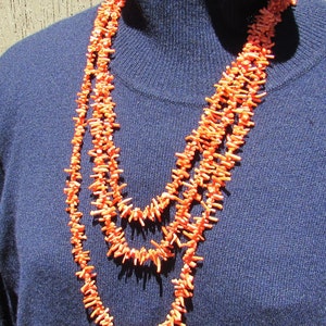 Vintage long salmon coral necklace genuine undyed branch coral beaded necklace graduated beads to wear or restring  free shipping USA