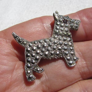 Vintage 1928 Jewelry scotty dog brooch 30&#39;s style Art Deco marcasite rhinestone dog brooch pin swirled back free shipping USA.