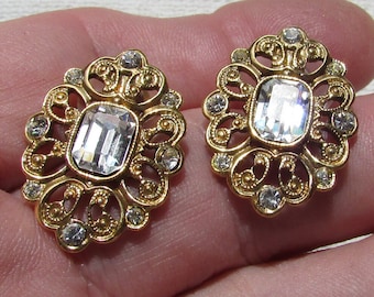 vintage 1928 reproduction Victorian pierced earrings post backs lacy antique gold and crystal rhinestones free shipping USA