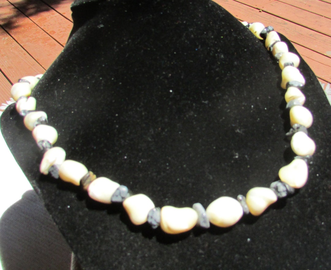 Shells Funky Vintage Chunky Funky MOP Shell and Snowflake Obsidian 24 Inch Necklace ...